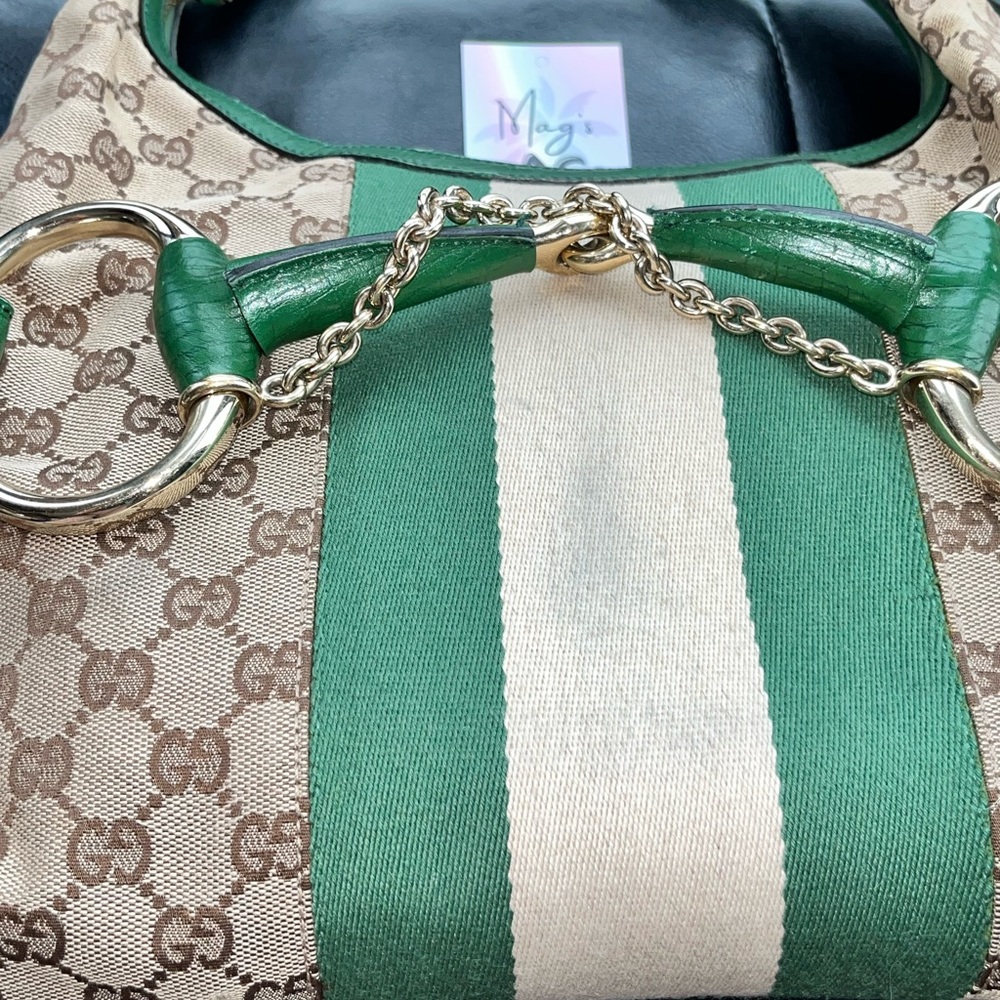 💚 Gucci: Horsebit Chain Studded Web Monogram Hobo Shoulder Bag - Picture 15 of 17